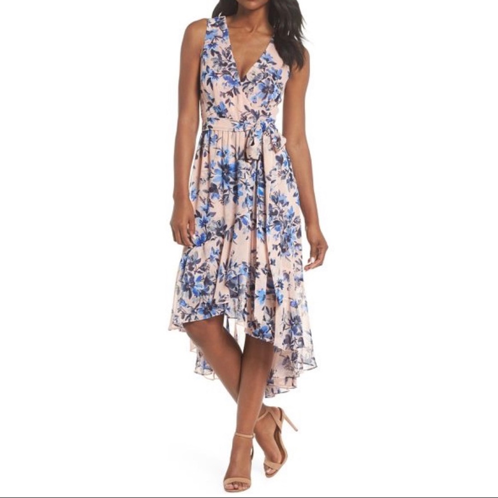 Eliza J Chiffon High-Low Dress - Blush/Blue Floral